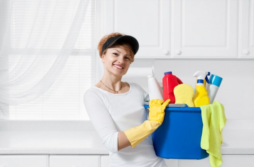 Cleaner inspecting a fabric armchair in a local flat