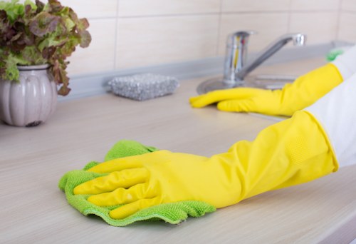 Domestic cleaner preparing a kitchen clean in Belsize Park